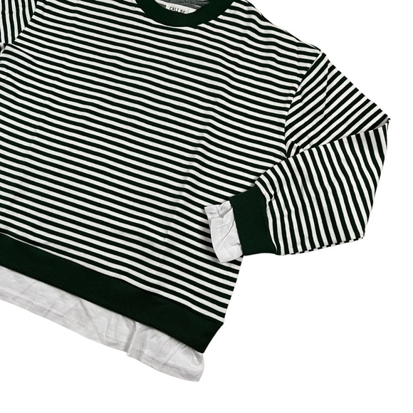 CALI BE Women’s Small Green/ White Striped Layer Look Pullover NWT. - Picture 2 of 8